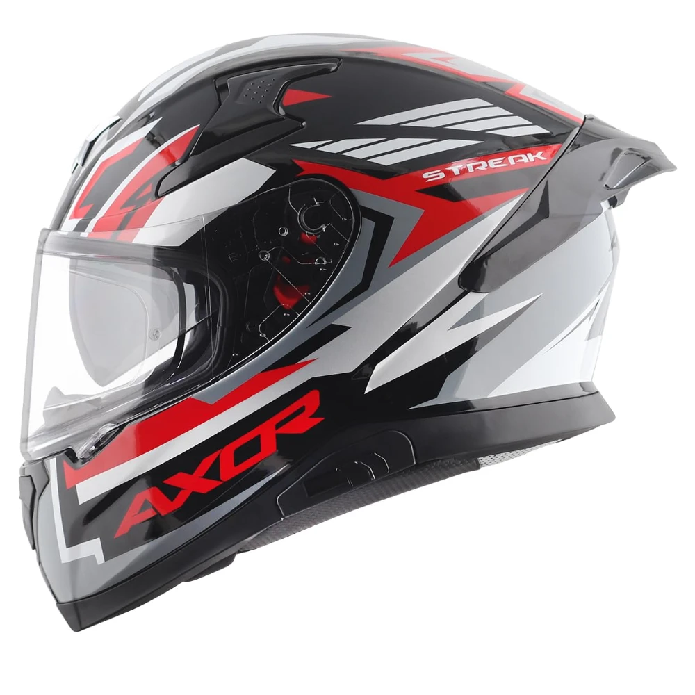 Axor Apex Streak ISI ECE and DOT Certified Gloss Finish Full Face Helmet for Men with Pinlock Fitted Outer Clear and Inner Sun Smoke Visor- Black Red Helmet-L