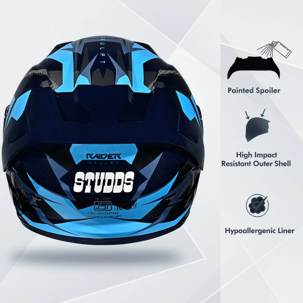 STUDDS Raider Skulpt ISI Certified Full Face Helmet for Men and Women with Spoilor and Clear Visor