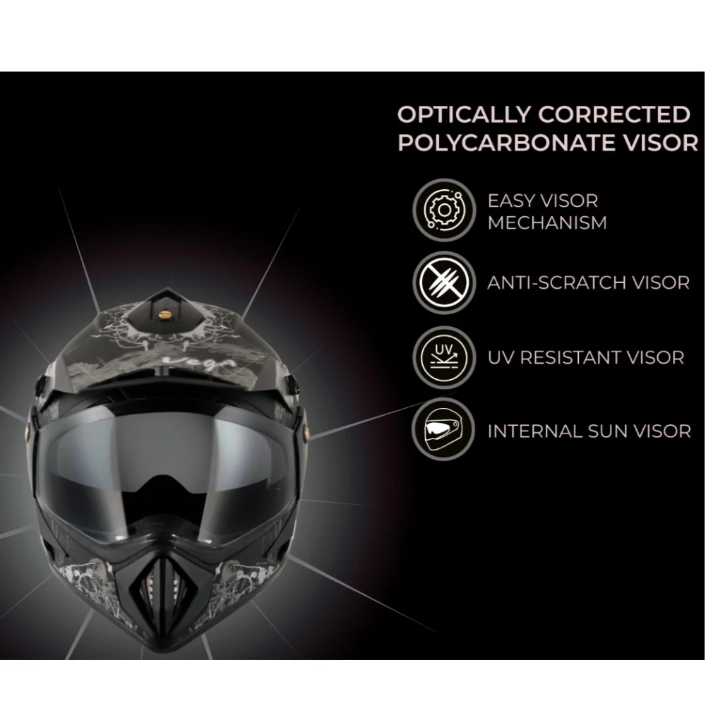 Vega Off Road Sketch ISI Certified Matt Finish Full Face Dual Visor with Peak Helmet for Men and Women Outer Clear Visor and Inner Smoke Sun Visor(Dull Black Silver, Size:L)