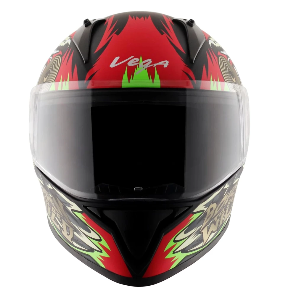VEGA Bolt Wild ISI and DOT Certified Matte Finish Full Face Helmet for Men with Clear Visor- Dull Black Green-M