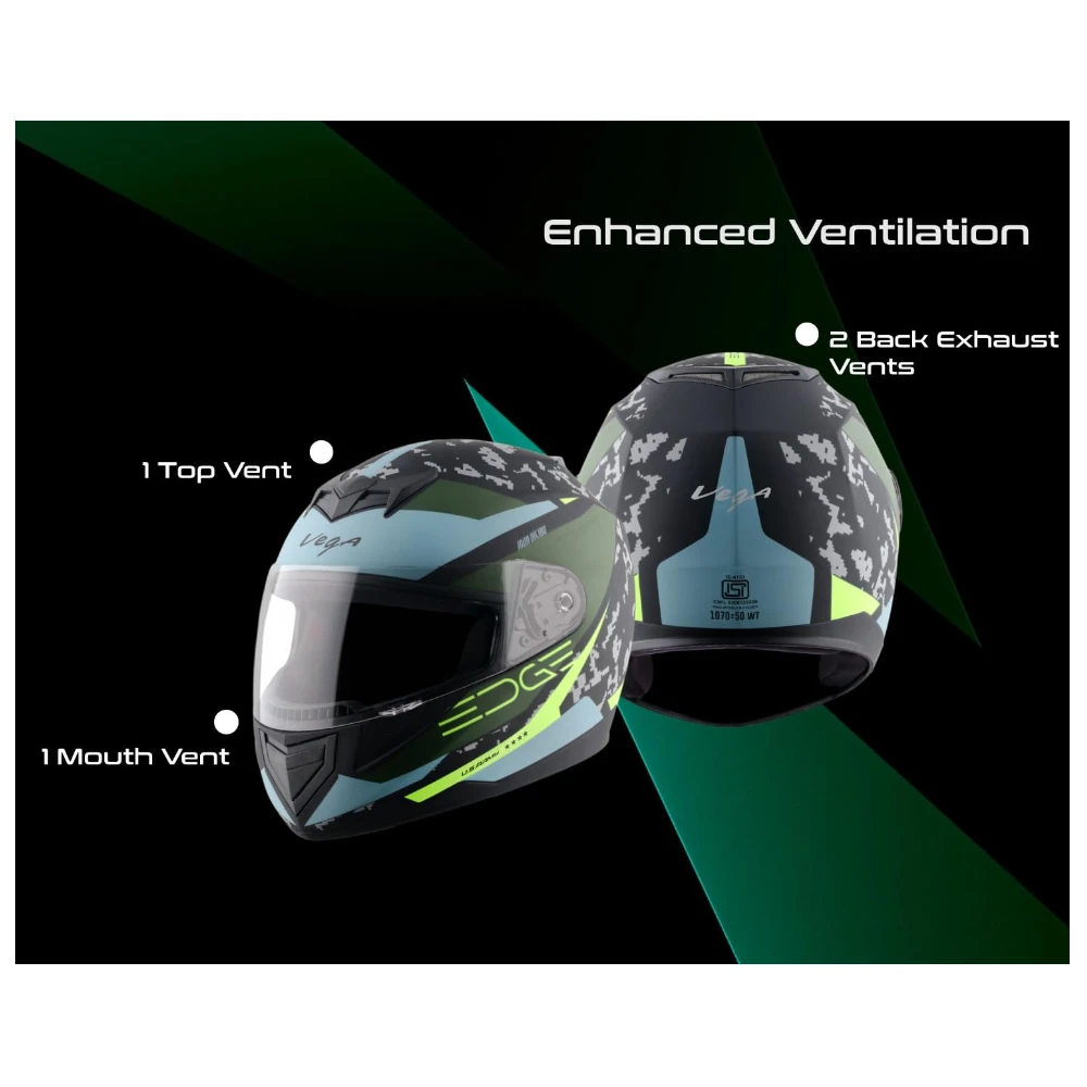 Vega Edge US Army ISI Certified Matte Finish Full Face Helmet for Men with Clear Visor -Dull Black Battle Green-M