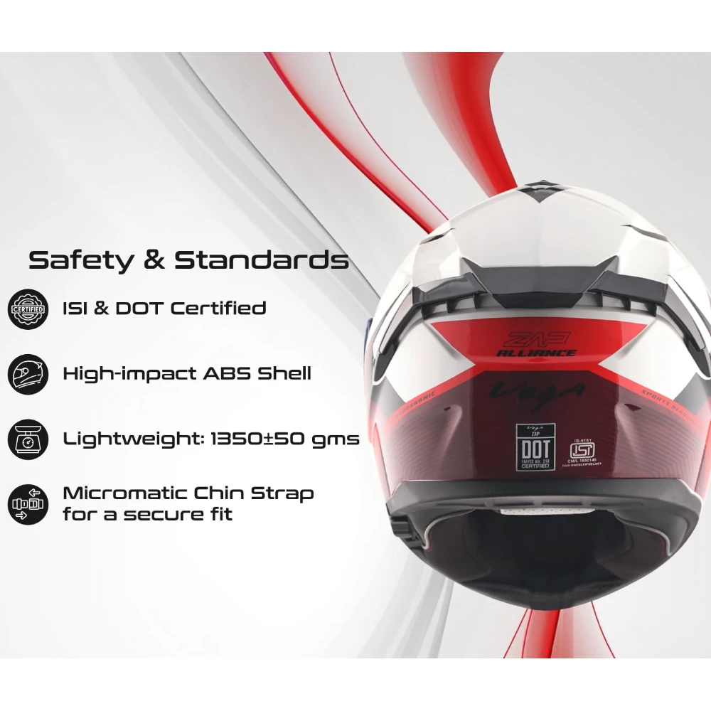 Vega Zap DV Alliance ISI and DOT Certified Gloss Finish Full Face Dual Visor Helmet for Men with Spoiler-White Red-L