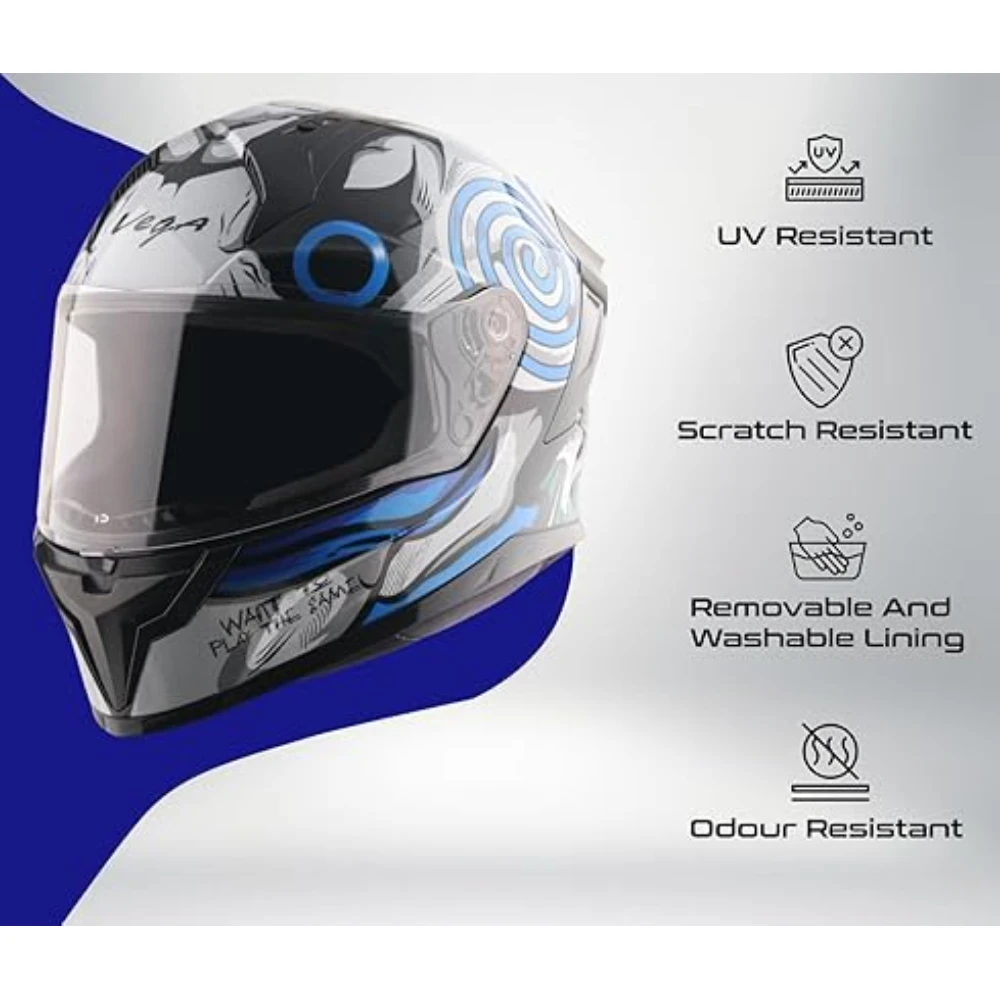 Vega Sonic Saw ISI Certified Gloss Finish Full Face Helmet for Men with Clear Visor and Spoiler-Black Blue-M