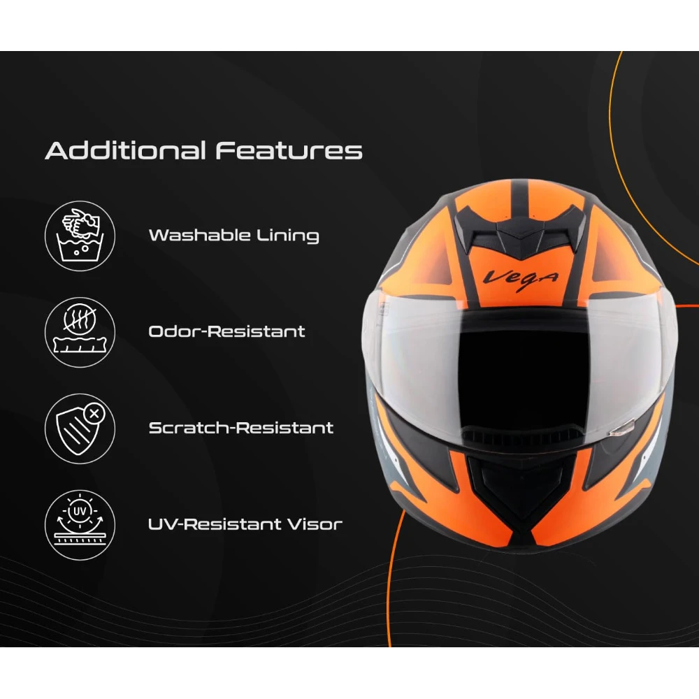 Vega Edge Passion ISI Certified Matte Finish Full Face Helmet for Men with Clear Visor -Dull Black Orange-L