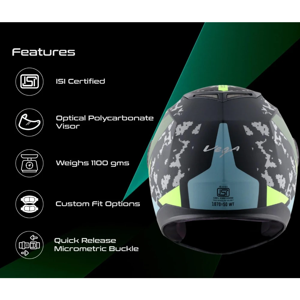 Vega Edge US Army ISI Certified Matte Finish Full Face Helmet for Men with Clear Visor -Dull Black Battle Green-M