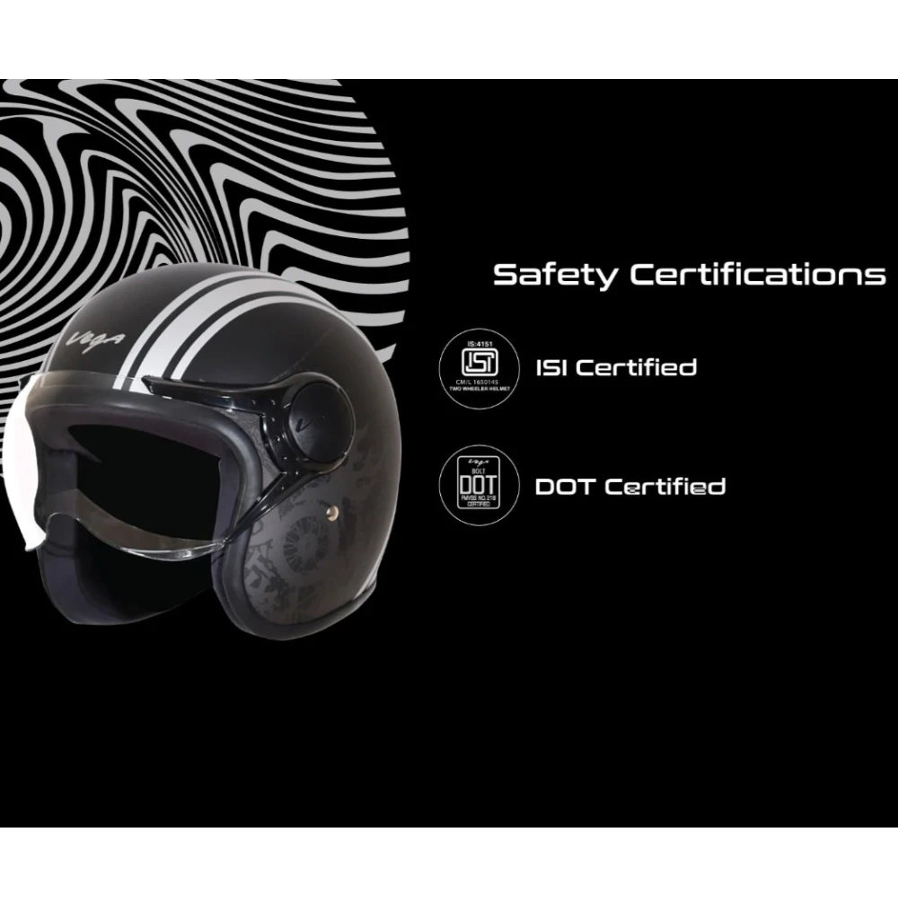 Vega Jet Old School ISI DOT Certified Matt Finish Open Face Helmet for Men and Women with Clear Visor(Dull Black Silver, Size:L)