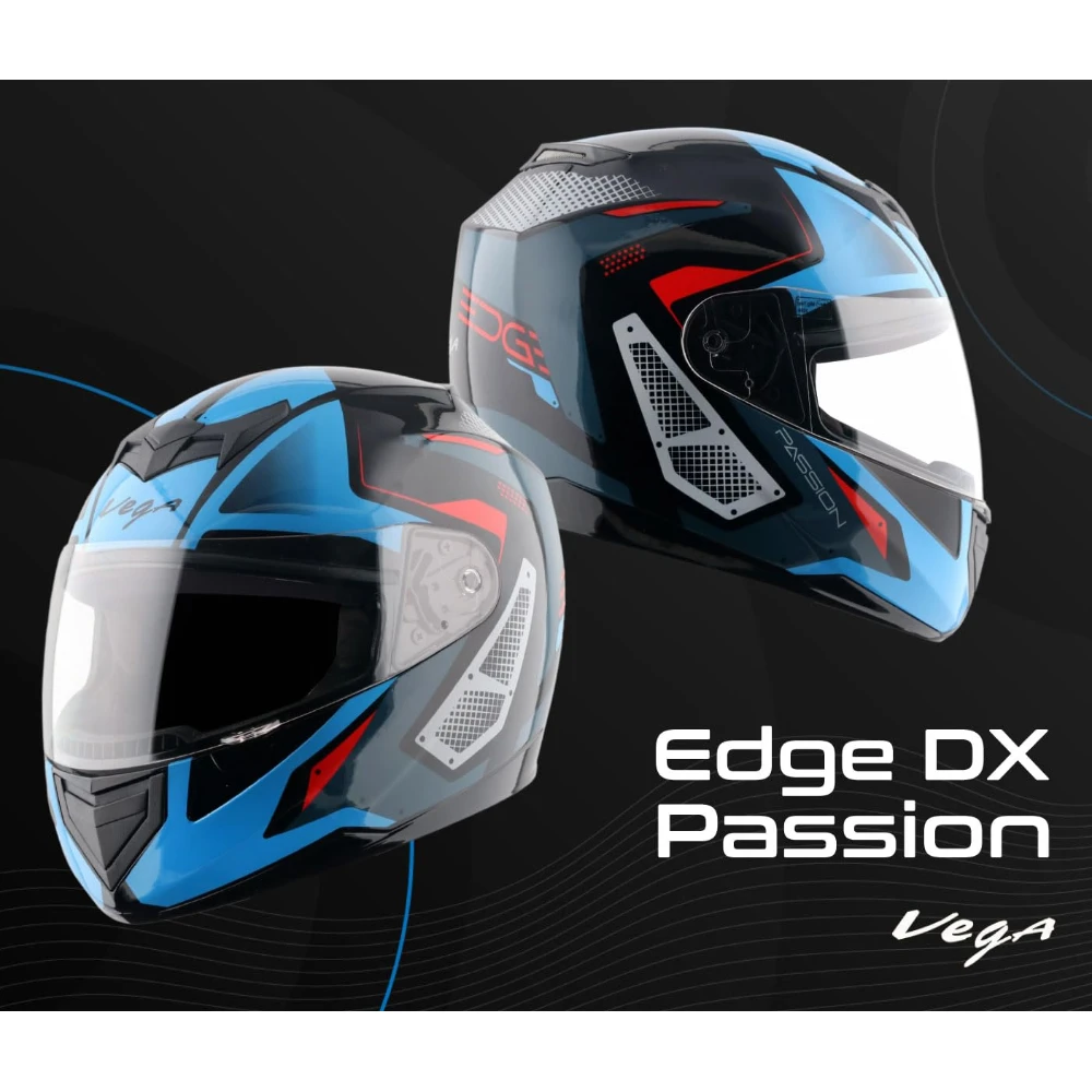 Vega Edge Passion ISI Certified Matte Finish Full Face Helmet for Men with Clear Visor -Dull Black Blue-L