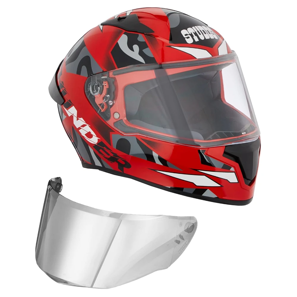Studds Thunder Full Face Helmet D7 with Clear Visor (Red N9, L)