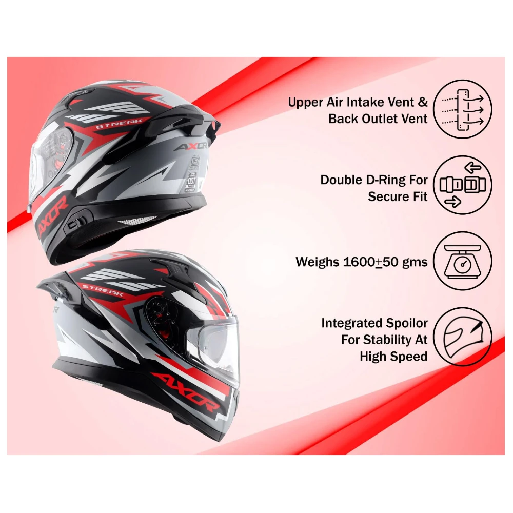 Axor Apex Streak ISI ECE and DOT Certified Gloss Finish Full Face Helmet for Men with Pinlock Fitted Outer Clear and Inner Sun Smoke Visor- Black Red Helmet-L