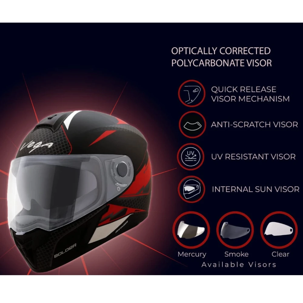 Vega Ryker Bolder ISI Certified Matt Finish Full Face Dual Visor Helmet for Men and Women Outer Clear Visor and Inner Smoke Sun Visor(Dull Black Red, Size:M)