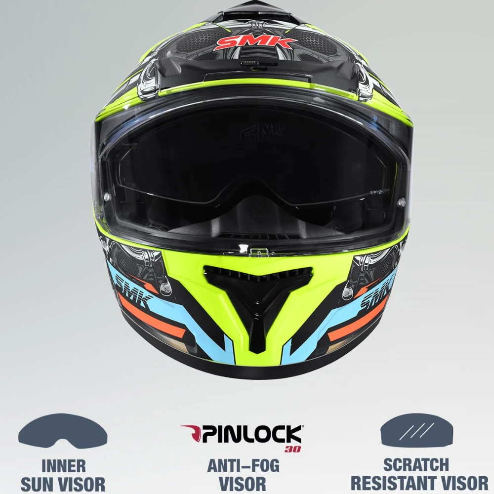 SMK Typhoon Motorhead ISI ECE & DOT Certified Full Face Dual Visor Helmet for Men and Women with Pinlock Fitted Clear Visor and Inner Sun Visor ( MATT Yellow - XL )