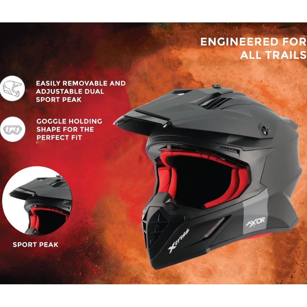 Axor X Cross ISI ECE DOT Certified Full Face Dual Sport Peak Off Road Helmet for Men and Women Dull Black Red M