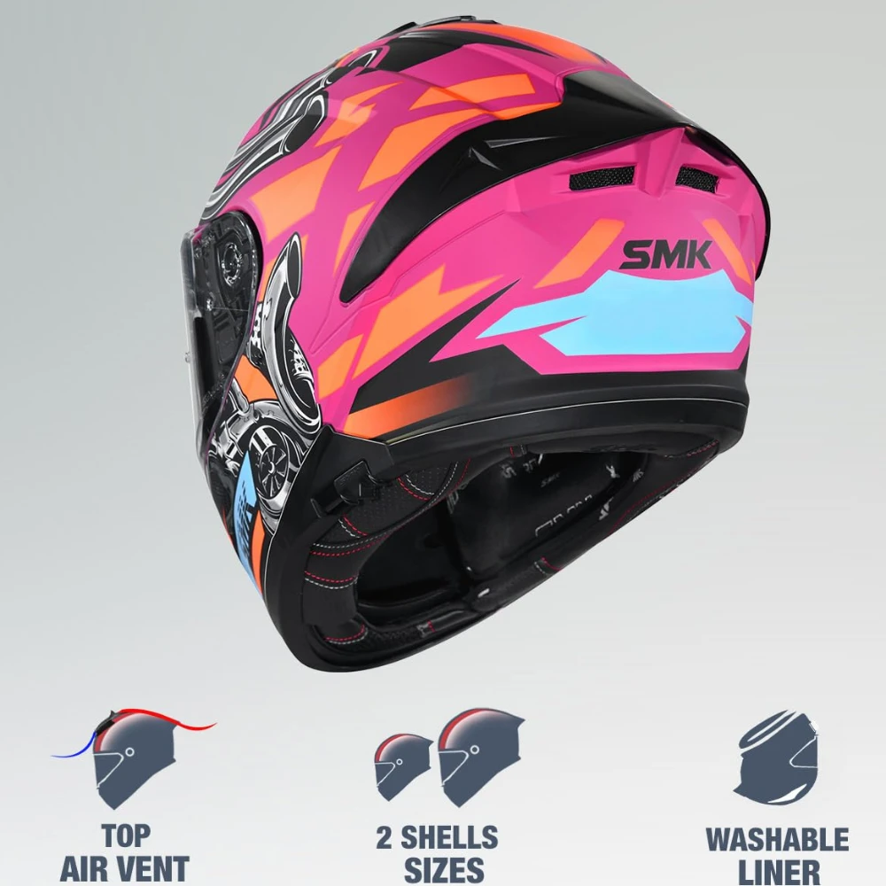 SMK Typhoon Motorhead ISI ECE & DOT Certified Full Face Dual Visor Helmet for Men and Women with Pinlock Fitted Clear Visor and Inner Sun Visor ( MATT Pink - S )