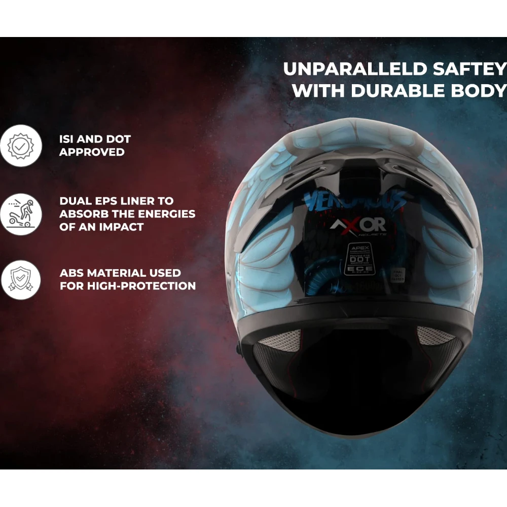 Axor Apex Venomous ISI ECE DOT Certified Full Face Dual Visor Helmet for Men and Women with Pinlock Fitted Outer Clear Visor and Inner Smoke Sun Visor Black Blue(M)