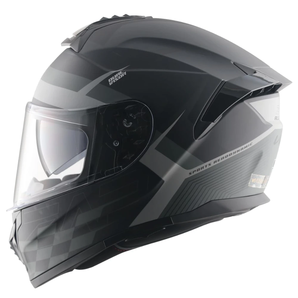 Vega Zap DV Alliance ISI and DOT Certified Matte Finish Full Face Dual Visor Helmet for Men with Spoiler-Dull Black Grey-M