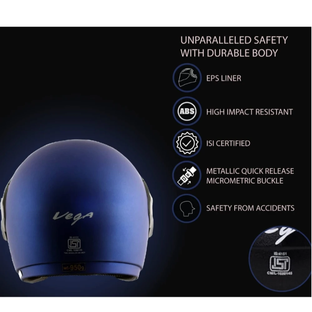 Vega Cruiser ISI Certified Matt Finish Lightweight & Compact with Peak Open Face Helmet for Men and Women with Clear Visor(Dull Blue, Size:M)