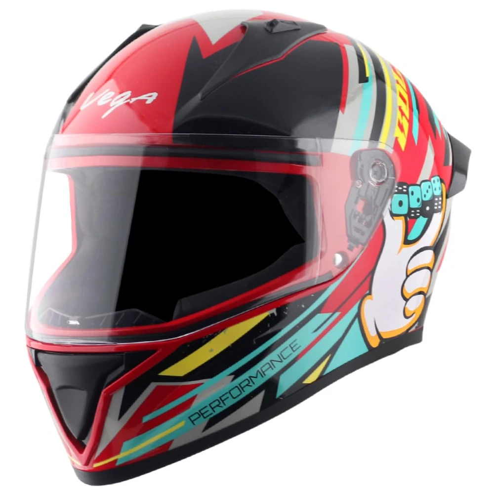 Vega Bolt Dice ISI and DOT Certified Gloss Finish Full Face Helmet for Men with Clear Visor- Red Black, M