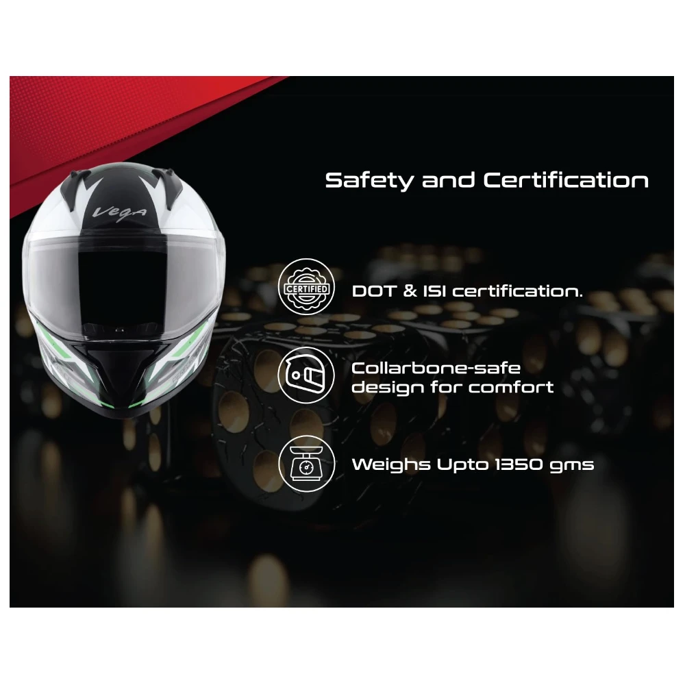 Vega Bolt Dice ISI and DOT Certified Gloss Finish Full Face Helmet for Men with Clear Visor- Black White, L