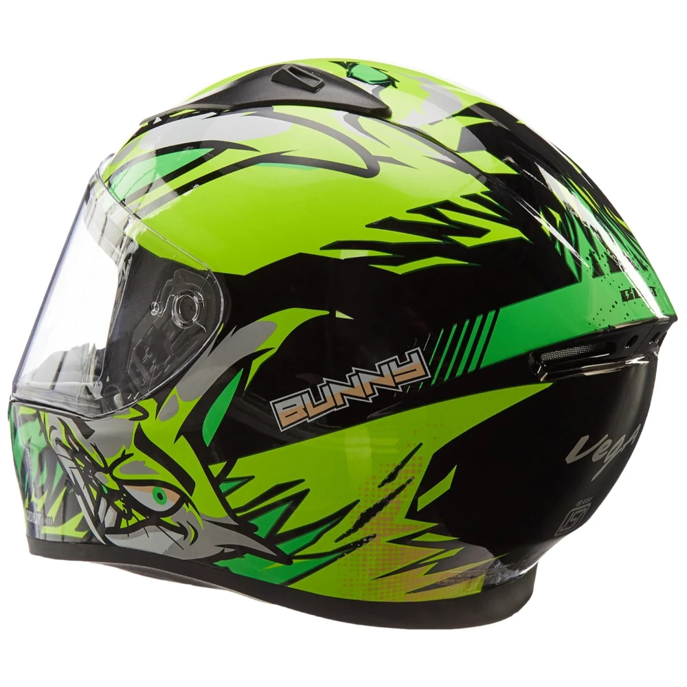 Vega Bolt Bunny an ISI and DOT Certified Full Face Helmet for Men and Women Black Neon Yellow, Size: L(59-60 cm)