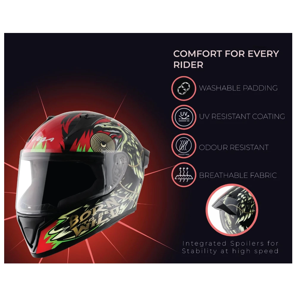 VEGA Bolt Wild ISI and DOT Certified Gloss Finish Full Face Helmet for Men with Clear Visor- Black Green-M
