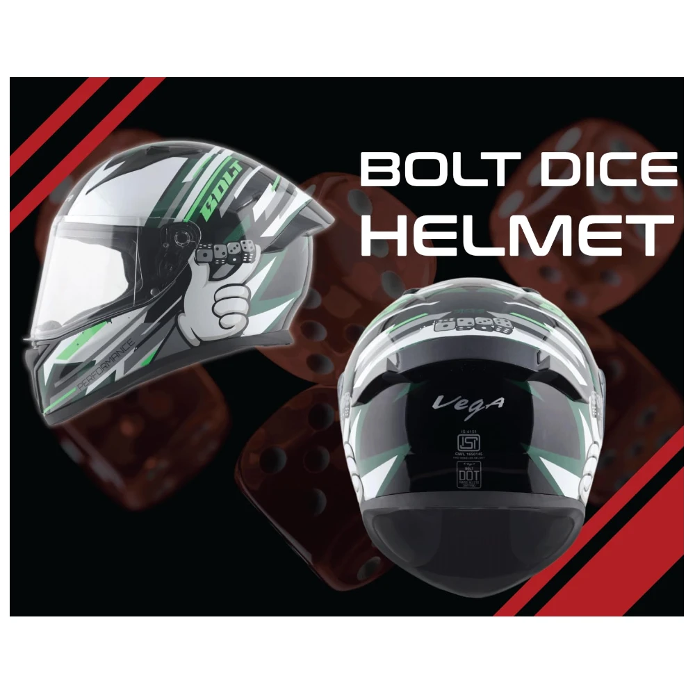 Vega Bolt Dice ISI and DOT Certified Gloss Finish Full Face Helmet for Men with Clear Visor- Black White, L