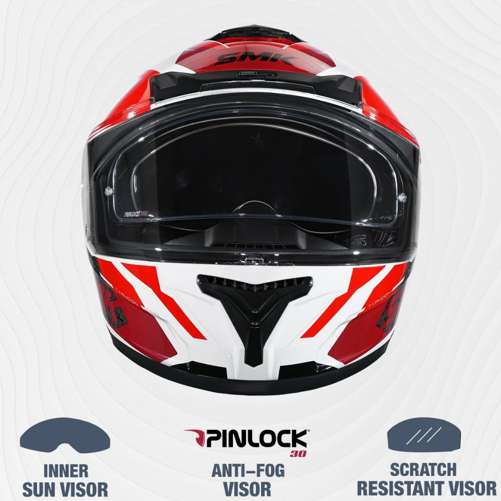 SMK Typhoon RD1 ISI ECE & DOT Certified Full Face Dual Visor Helmet for Men and Women with Pinlock Fitted Clear Visor and Inner Sun Visor ( White - GL136 - S )