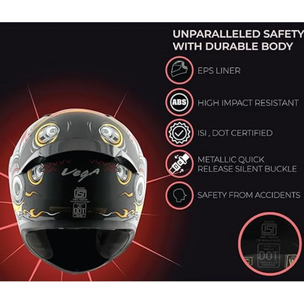Vega Bolt Superhero ISI and DOT Certified Matte Finish Full Face Helmet for Men with Clear Visor- Dull Black Red, Size: M(57-58 cm)