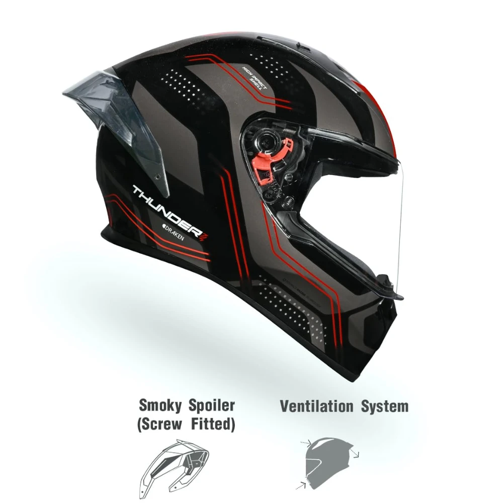 Studds Thunder D2 Draken ISI and DOT Certified Full Face Helmet for Men and Women with Spoiler and Clear Visor