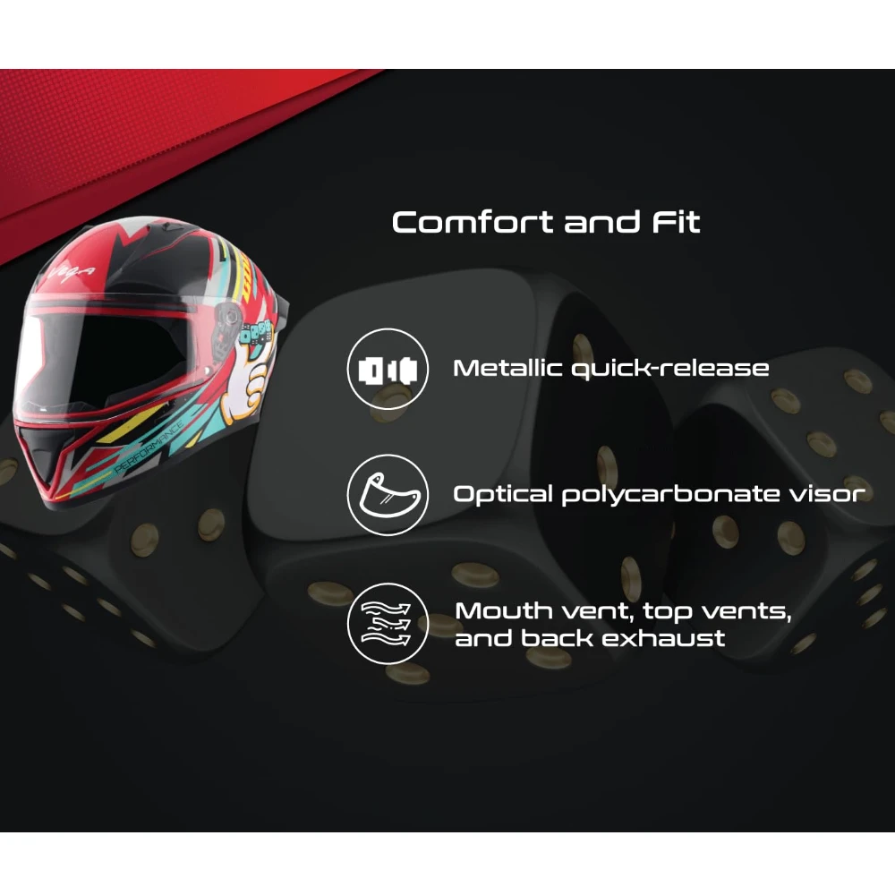 Vega Bolt Dice ISI and DOT Certified Gloss Finish Full Face Helmet for Men with Clear Visor- Red Black, L