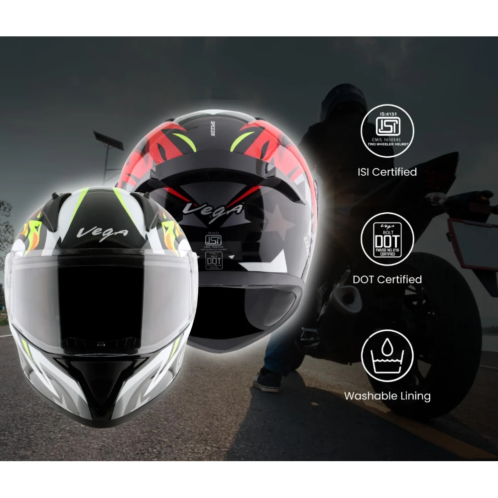 Vega Bolt Speedx ISI and DOT Certified Gloss Finish Full Face Helmet for Men with Clear Visor- Black Red Helmet-M