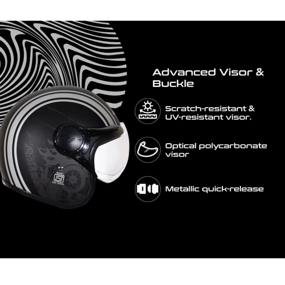Vega Jet Old School ISI DOT Certified Matt Finish Open Face Helmet for Men and Women with Clear Visor(Dull Black Silver, Size:L)