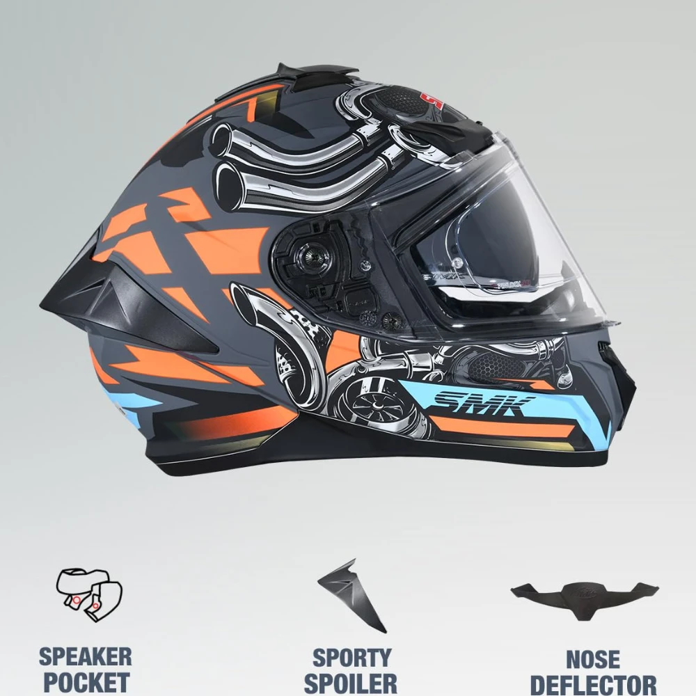 SMK Typhoon Motorhead ISI ECE & DOT Certified Full Face Dual Visor Helmet for Men and Women with Pinlock Fitted Clear Visor and Inner Sun Visor ( MATT Grey - XS )