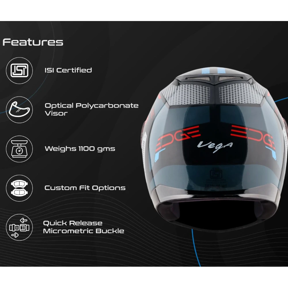 Vega Edge Passion ISI Certified Gloss Finish Full Face Helmet for Men with Clear Visor -Black Blue-L