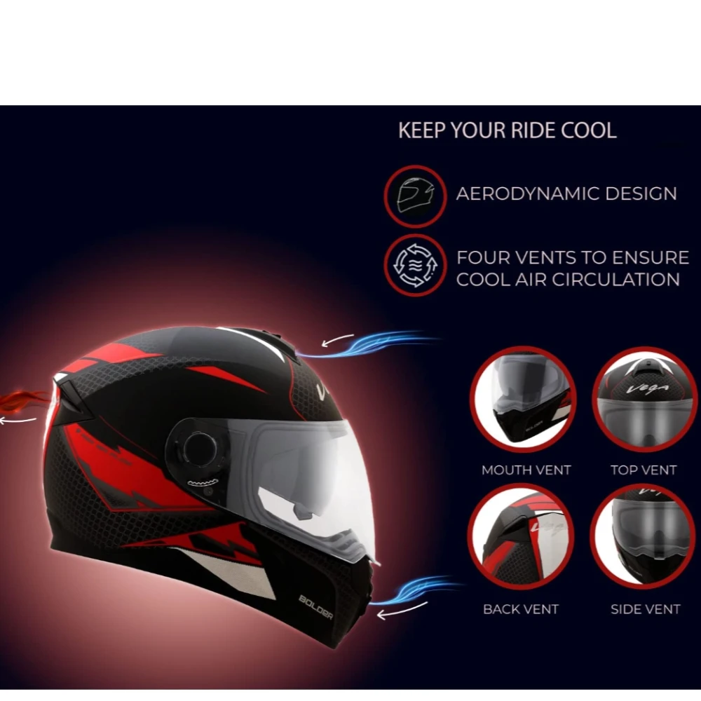 Vega Ryker Bolder ISI Certified Matt Finish Full Face Dual Visor Helmet for Men and Women Outer Clear Visor and Inner Smoke Sun Visor(Dull Black Red, Size:M)