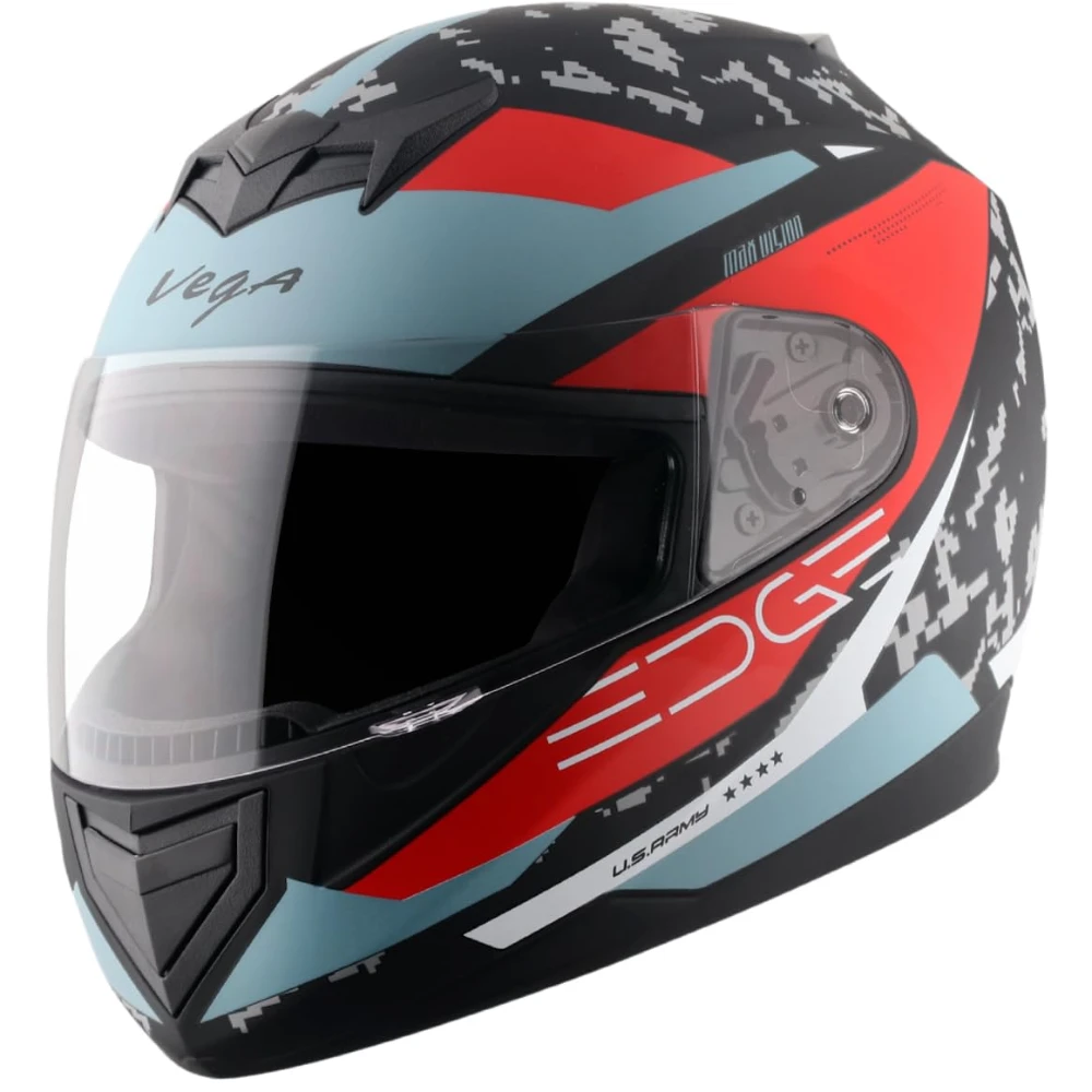 Vega Edge US Army ISI Certified Matte Finish Full Face Helmet for Men with Clear Visor -Dull Black Red-L