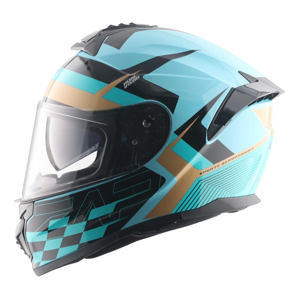 Vega Zap DV Alliance ISI and DOT Certified Gloss Finish Full Face Dual Visor Helmet for Men with Spoiler-Hex Blue Black-XL