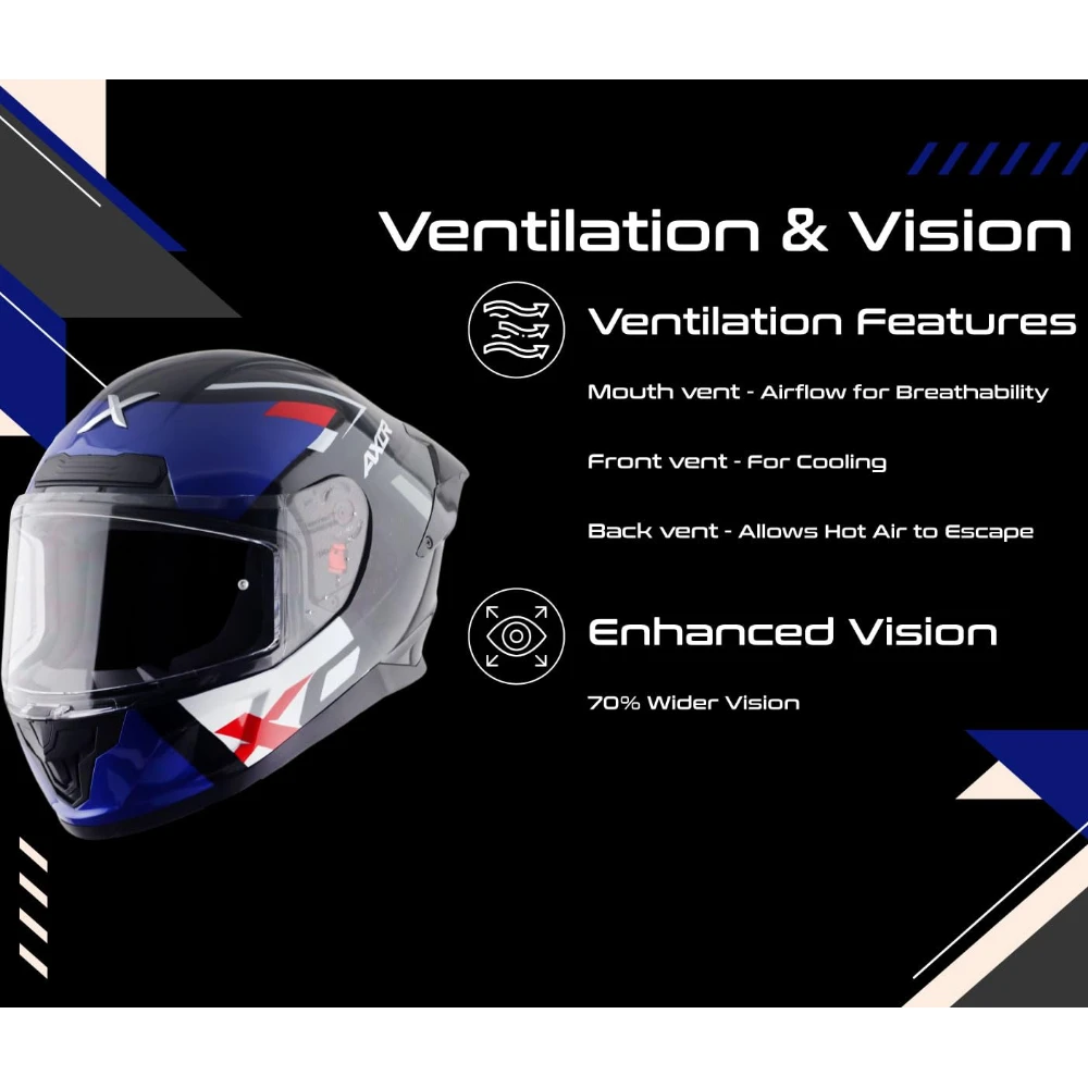 Axor Saber X-Sport ISI ECE and DOT Certified Gloss Finish Full Face Helmet for Men with Pinlock Fitted Clear Visor -Black Blue-L