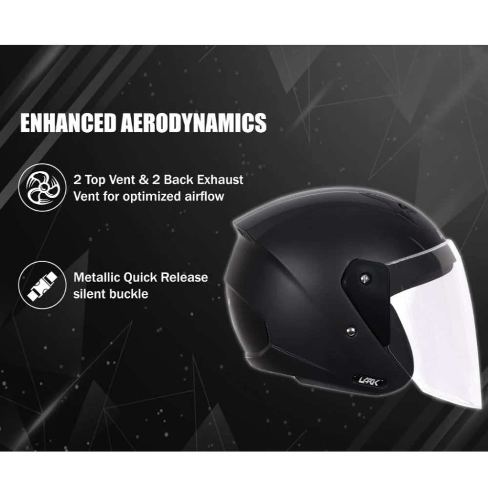 Vega Lark ISI Certified Matt Finish Lightweight Open Face Helmet for Men and Women with Long Clear Visor(Dull Black, Size:L)