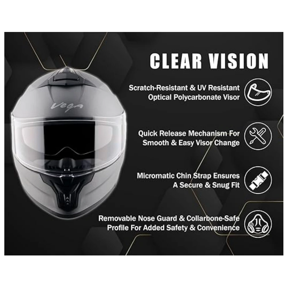 Vega Zap D/V ISI and DOT Certified Matte Finish Full Face Helmet for Men with Dual Visors and Spoiler-Dull Athena Grey-M