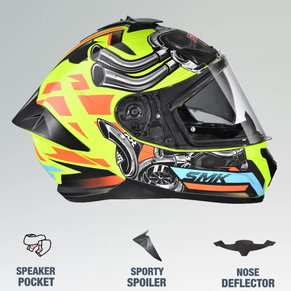 SMK Typhoon Motorhead ISI ECE & DOT Certified Full Face Dual Visor Helmet for Men and Women with Pinlock Fitted Clear Visor and Inner Sun Visor ( MATT Yellow - XL )