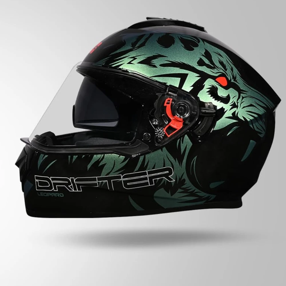 STUDDS Drifter D2 Leopard Chameleon Graphic ISI & DOT Certified Full FACE Helmet Inner Sun Visor and Spoiler (Black - XL)
