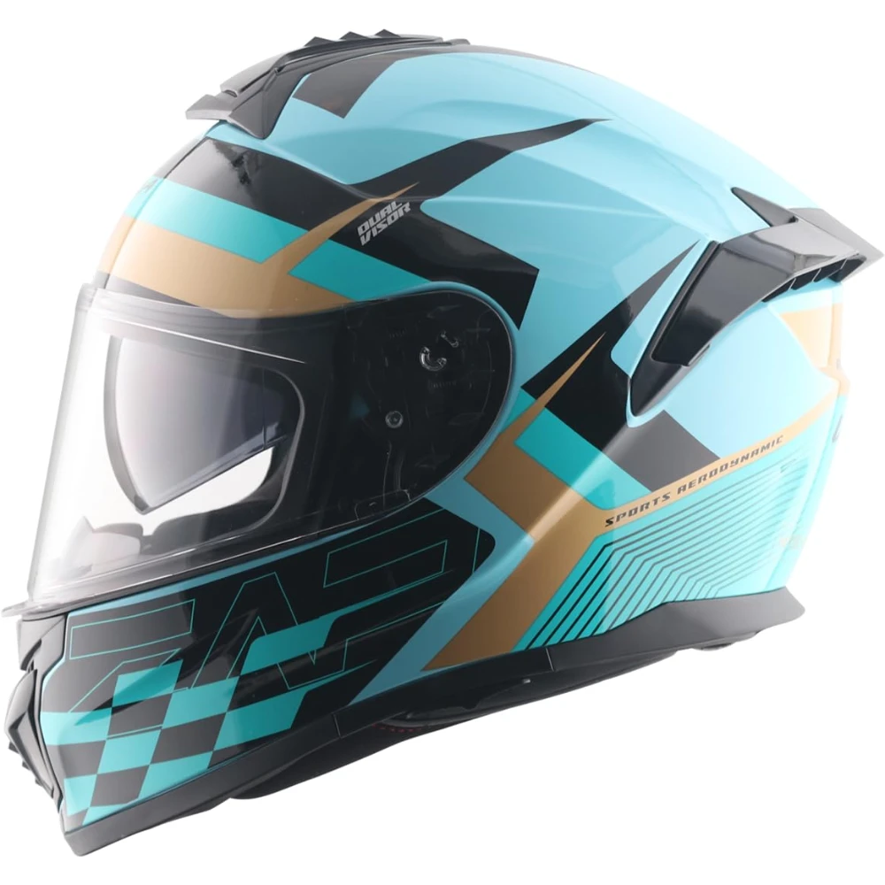 Vega Zap DV Alliance ISI and DOT Certified Gloss Finish Full Face Dual Visor Helmet for Men with Spoiler-Hex Blue Black-M
