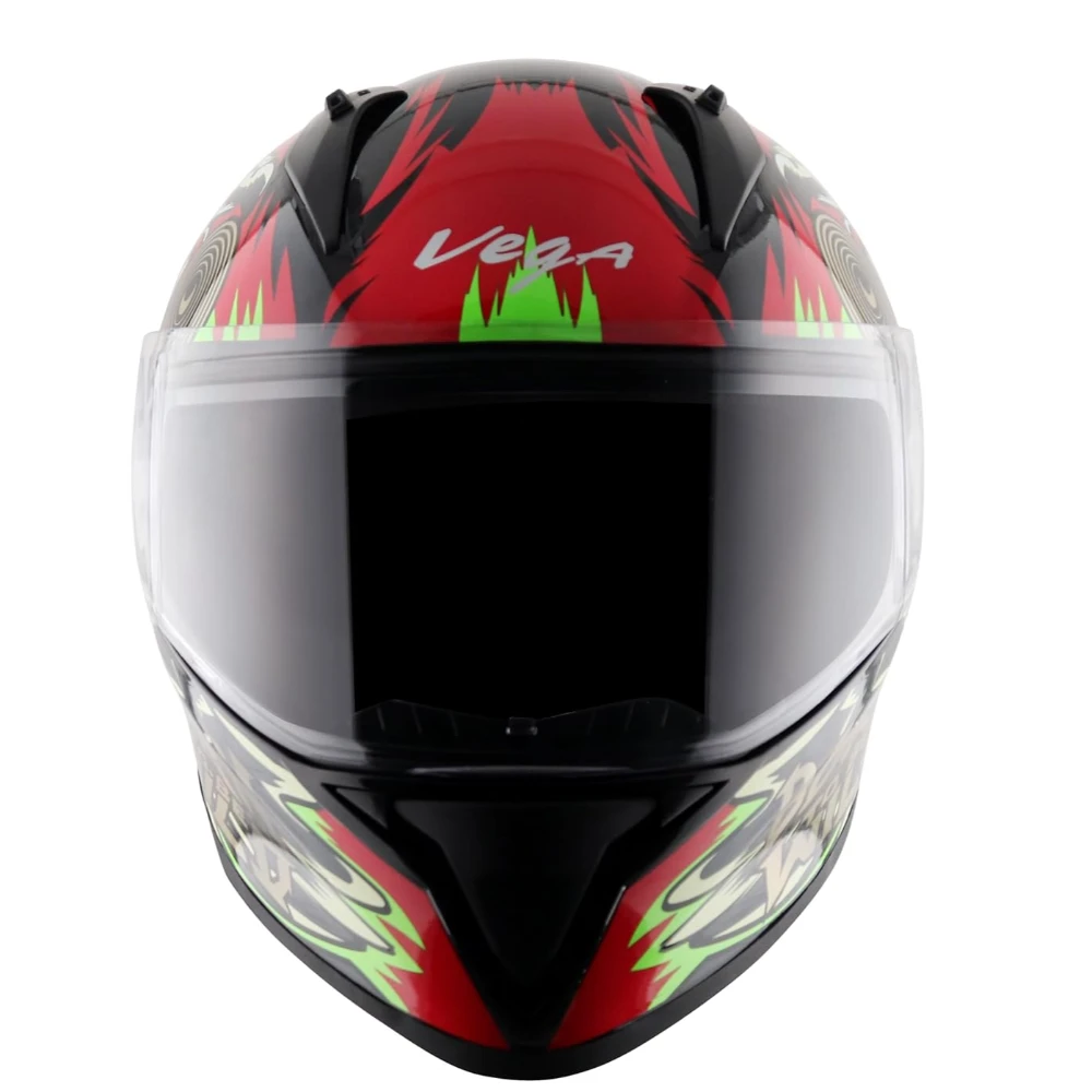 VEGA Bolt Wild ISI and DOT Certified Gloss Finish Full Face Helmet for Men with Clear Visor- Black Green-M