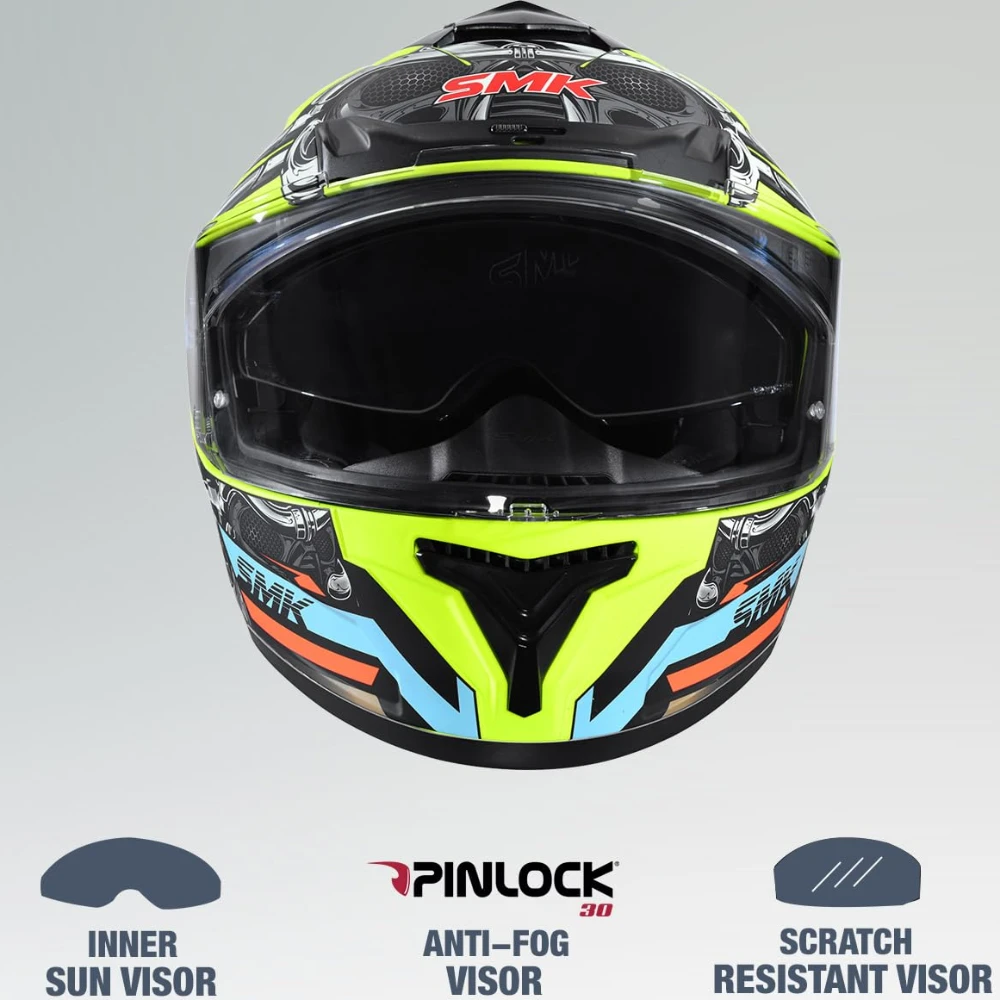 SMK Typhoon Motorhead ISI ECE & DOT Certified Full Face Dual Visor Helmet for Men and Women with Pinlock Fitted Clear Visor and Inner Sun Visor ( Yellow - XL )
