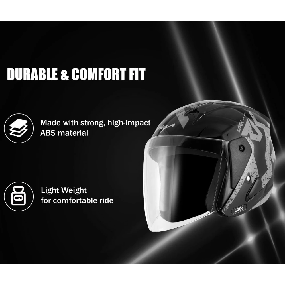 Vega Lark Victor ISI Certified Matt Finish Lightweight Open Face Helmet for Men and Women with Long Clear Visor(Dull Black Silver, Size:L)