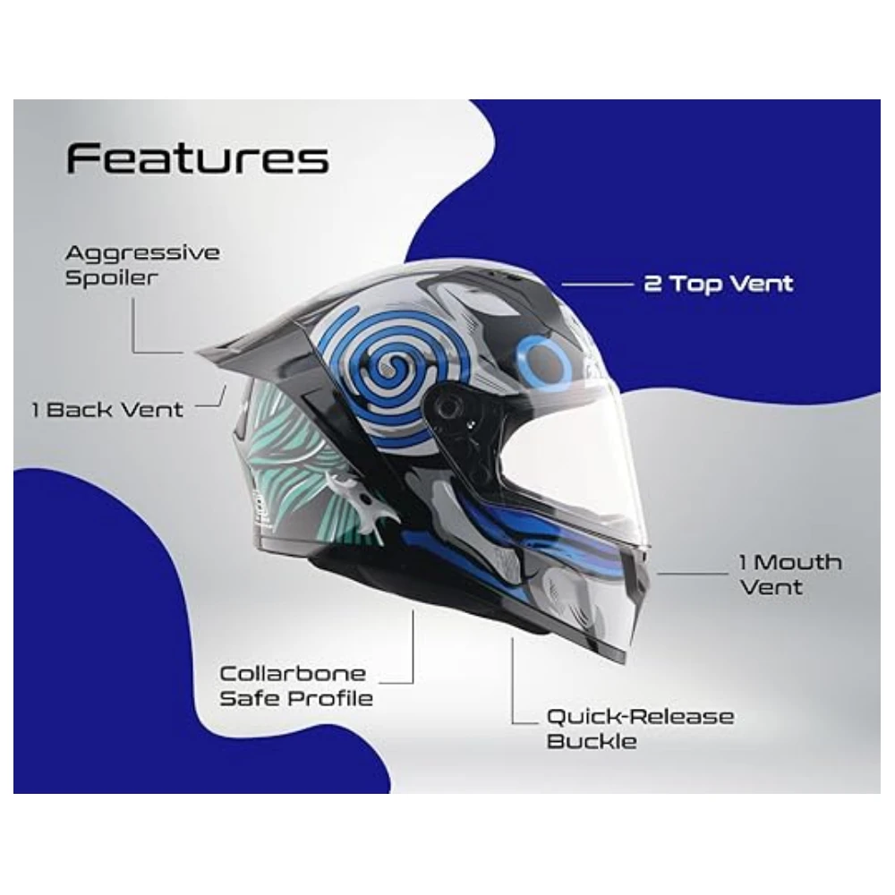 Vega Sonic Saw ISI Certified Gloss Finish Full Face Helmet for Men with Clear Visor and Spoiler-Black Blue-M