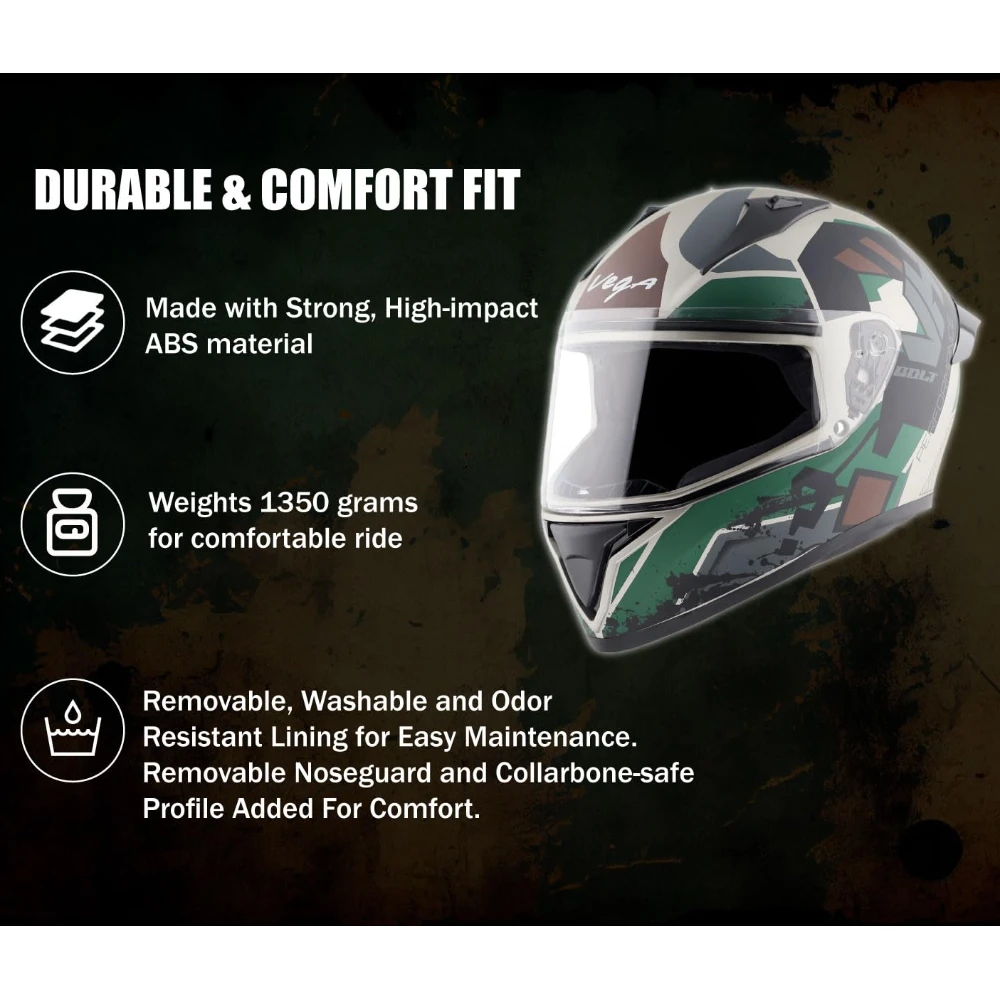 Vega Bolt Army ISI and DOT Certified Matte Finish Full Face Helmet for Men with Clear Visor-Dull Mud Battle Green-L