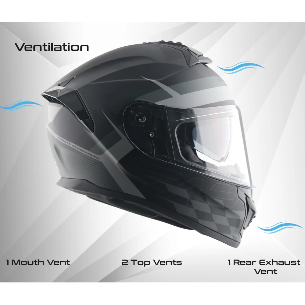 Vega Zap DV Alliance ISI and DOT Certified Matte Finish Full Face Dual Visor Helmet for Men with Spoiler-Dull Black Grey-M