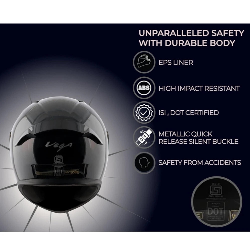 Vega Bolt ISI DOT Certified Full Face Gloss Finish Helmet for Men and Women with Clear Visor(Black, Size:L)