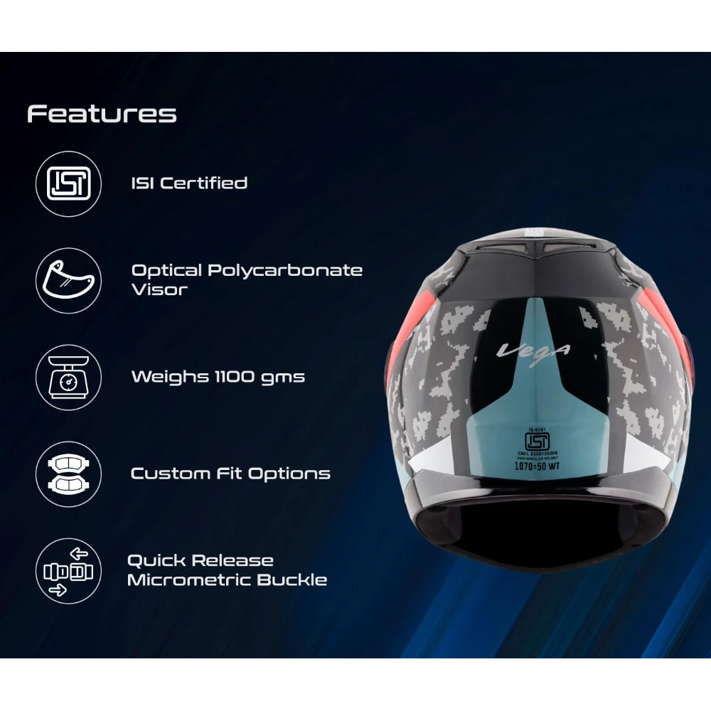 Vega Edge US Army ISI Certified Gloss Finish Full Face Helmet for Men with Clear Visor -Black Red-L